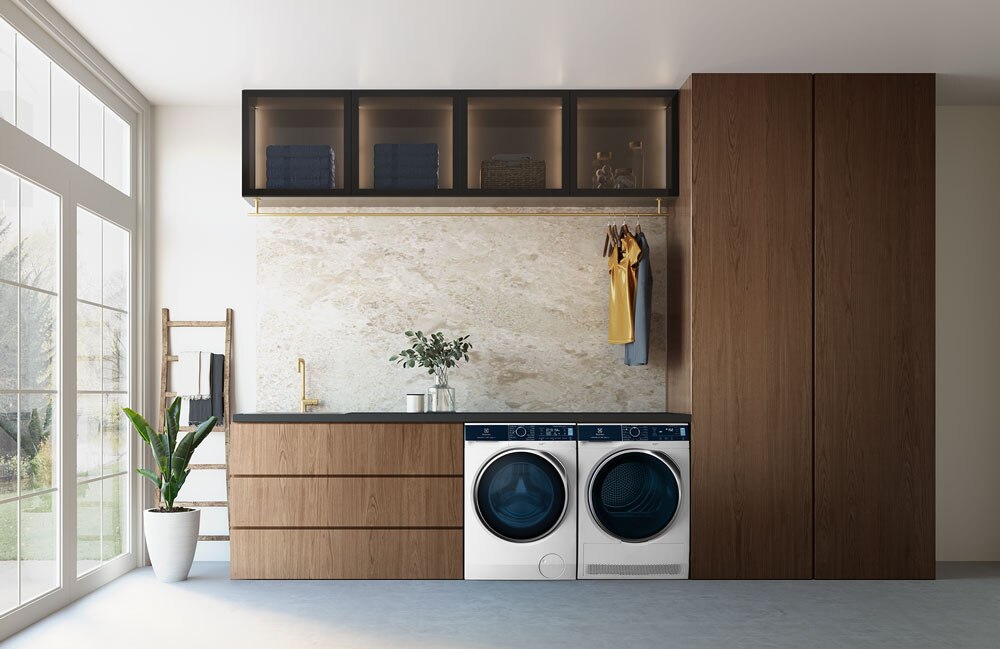 An energy efficient Electrolux washing machine inside the powder room